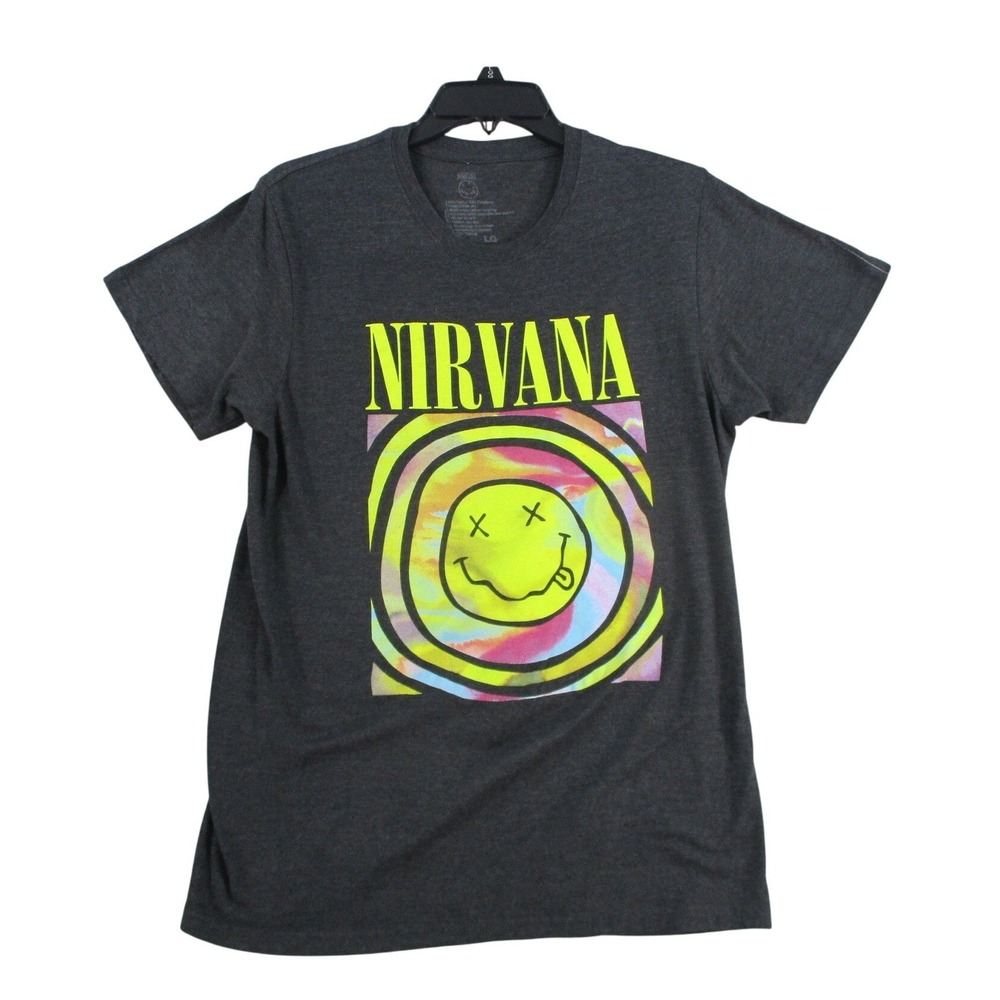 Nirvana Smiley Face Tie Dye Graphic T-Shirt Charcoal Gray LG 6519